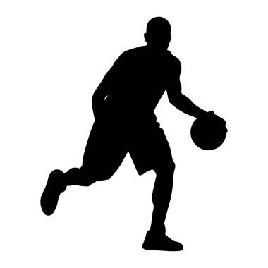 Basketbol oynayan siyah bir siluet. Şekil, sağ eliyle top sürerken hareket halinde gösteriliyor. Siluet, dinamik duruşu ve atletik hareketi vurgulayan beyaz bir arkaplanda izole edilmiştir..