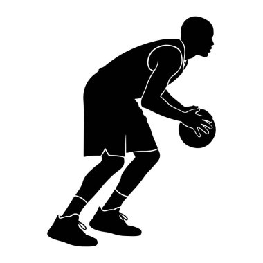 Basketbol oynayan bir kişinin siyah silueti beyaz bir arka plana karşı tasvir edilir. Bu figür, dizleri bükük ve elleri top sürerken profil olarak gösteriliyor. Oyuncu atletik şort, forma, çorap ve basketbol ayakkabısı giyiyor.. 