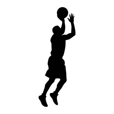 Havada basketbol oynamaya hazırlanan siyah bir erkek basketbolcunun silüeti. Oyuncu şort ve forma giyiyor, bir kolu yukarı doğru uzatılmış, topu tutuyor ve diğer kolu denge için havada. Arkaplan düz beyaz.