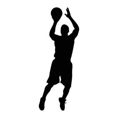 Havada bir basketbol oyuncusunun siyah silueti, kafalarının üstünde bir topu tutuyor, atışa hazırlanıyor. Oyuncu şort ve kolları açık, bacakları bükük bir forma giyiyor. Arkaplan düz beyaz.