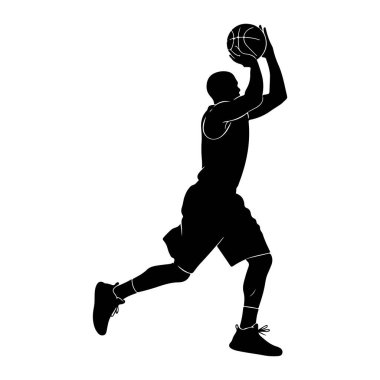 Siyah bir basketbol oyuncusunun silueti hareket halinde, kafalarının üstünde basket topunu tutuyor, atışa hazırlanıyor. Oyuncu şort ve spor ayakkabı giyiyor. Arkaplan düz beyaz.