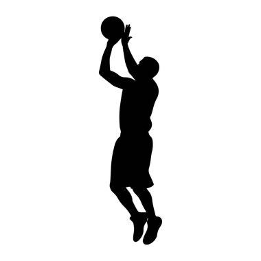Siyah bir basketbol oyuncusunun silueti havada, kafalarının üstünde basket topunu tutuyor, atışa hazırlanıyor. Oyuncu şort ve spor ayakkabı giyiyor. Arkaplan düz beyaz.