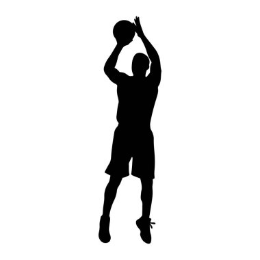 Siyah bir basketbol oyuncusunun silueti havada, kafalarının üstünde basket topunu tutuyor, atışa hazırlanıyor. Oyuncu şort ve spor ayakkabı giyiyor. Arkaplan düz beyaz.