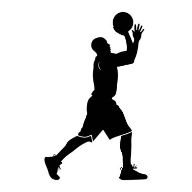 Basket oyuncusunun siyah bir silueti. Basket topunu kafalarının üstünde tutarak atış yapmaya hazırlanıyor. Oyuncu şort ve spor ayakkabı giyiyor. Arka plan düz beyaz, sporcunun dinamik duruşunu vurguluyor..