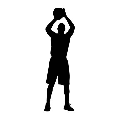 Bir basketbolcunun siyah silueti. Oyuncu şort ve spor ayakkabı giyiyor. Oyuncu kollarını kaldırır, kafasının üstünde basket topunu tutar, atışa hazırlanır. Arka plan bembeyaz..
