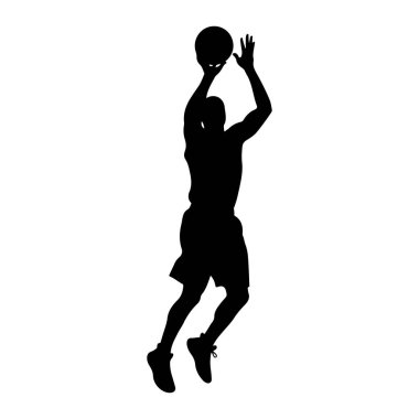 Siyah bir basketbol oyuncusu silueti havada, kafasının üstünde basketbol topunu tutuyor, atış yapmaya hazırlanıyor. O şort ve spor ayakkabıları giyiyor. Arkaplan düz beyaz.