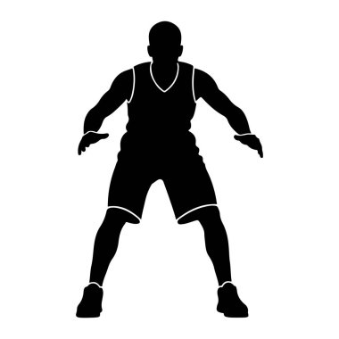 Beyaz arka planda siyah bir erkek basketbolcu silueti tasvir edilir. Oyuncu dinamik bir duruşta, forma ve şort giyerken, kolları hafif bükülmüş ve elleri açık olarak gösteriliyor, harekete hazır olduğunu gösteriyor. U 'nun ana hatları