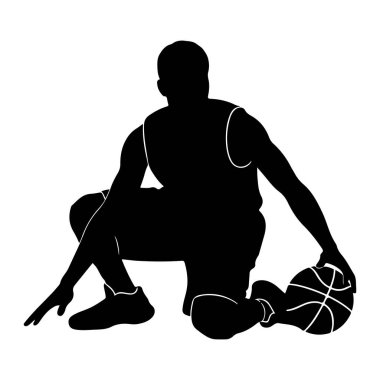 Basketbolcunun hareket halindeki siyah silueti top sürüyor. Oyuncu bir eli topun üzerinde, diğer eli ise uzatılmış olarak yere çömeldi. Görüntü, dinamik duruşu ve atletik formunu vurgulayan beyaz bir arkaplanda izole edilmiştir.