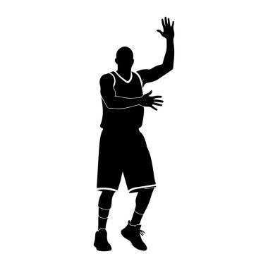 Üniformalı bir basketbolcunun siyah silueti beyaz bir arkaplanda duruyor. Oyuncu hareketin ortasında tasvir edilir, bir kolu yukarıda, diğeri dirseği açık olarak eğilir. Forma ve şort giyiyor, atletik bir şort.