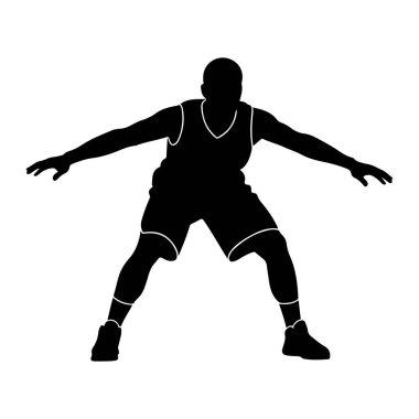 Savunma pozisyonunda bir basketbol oyuncusunun siyah silueti. Oyuncu kolsuz bir forma ve şort giyiyor, ayaklarında spor ayakkabıları var. Kolları dışa doğru açılır ve bacakları bükülür. Bu da harekete hazır olduklarını gösterir.