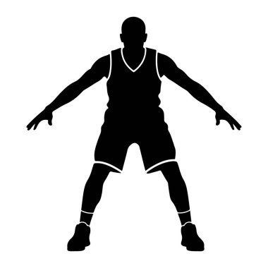 Savunma pozisyonunda bir basketbol oyuncusunun siyah silueti. Oyuncu kolsuz bir forma ve şort giyiyor, kolları dışa doğru açık. Şekil beyaz bir arkaplanda izole edilmiştir..