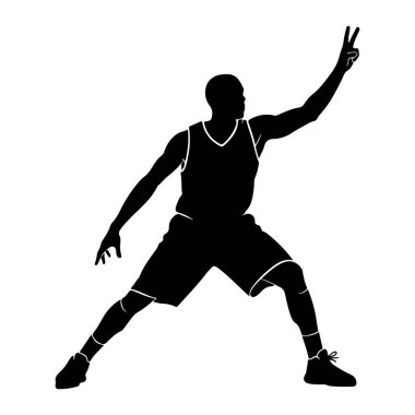 Bir forma ve şort da dahil olmak üzere atletik giyimli bir erkek basketbolcunun siyah silueti beyaz arka planda resmedilmiştir. Oyuncu dinamik bir duruşta, bir bacağı önde ve diğeri eğik. Sağ kolları kaldırılmıştır.