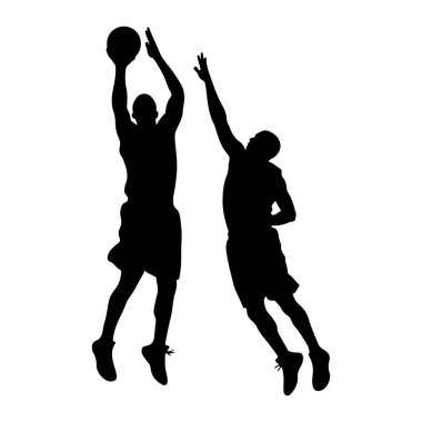 İki siyah basketbol oyuncusu silueti beyaz bir arkaplanda havada tasvir ediliyor. Soldaki oyunculardan biri elinde bir basket topuyla uzanıyor, atış ya da smaç yapıyor gibi görünüyor. Sağdaki diğer oyuncu.