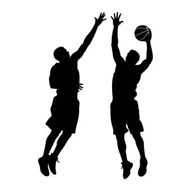 İki siyah basketbol oyuncusu silueti havada beyaz bir arkaplanda yakalanır. Bir oyuncu iki eliyle elini uzatırken, diğer oyuncu da sağ elinde bir basketbol topu tutuyor ve o da yukarı doğru uzanıyor. Her iki oyuncu da giyinik.