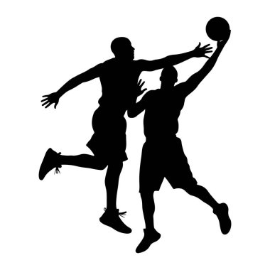 İki siyah basketbol oyuncusu silueti beyaz bir arka plana karşı havada tasvir edilir. Bir oyuncu elinde basketbol topuyla elini uzatıyor, atış yapıyor ya da smaç basıyor gibi görünüyor. Diğer oyuncu kollarını açmış kendini savunuyor.