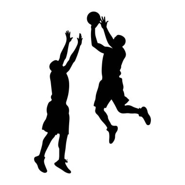 İki siyah basketbol oyuncusu silueti havada bembeyaz bir zemine karşı tasvir edilir. Bir oyuncu basket atmak için uzanırken, diğer oyuncu atışı engellemek için zıplıyor. Her iki oyuncu da şort ve atletizm giyiyor.