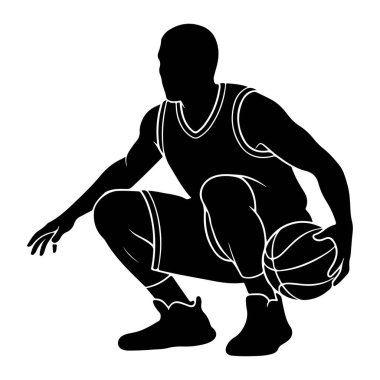 Bir basketbol oyuncusunun silüeti çömelmiş vaziyette, top sürüyor. Oyuncu şortunda ve formasında beyaz süsleme olan bir üniforma giyiyor. Oyuncunun sol eli uzatılmış ve sağ eli basketbolun üzerinde. Görüntü