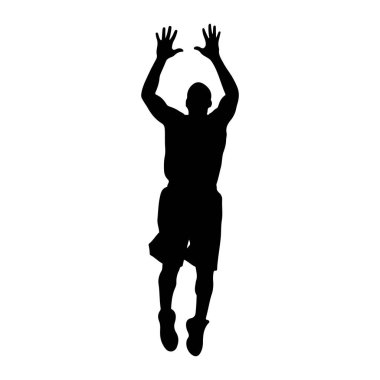 Atletik giysili, muhtemelen şort ve ayakkabı giyen siyah bir siluet, kolları yukarı doğru uzanmış şekilde orta atlarken yakalanır. Şekil, dinamik duruşu ve atletik hareketini vurgulayan düz beyaz bir arkaplan üzerinde izole edilmiştir. Temiz çizgiler...