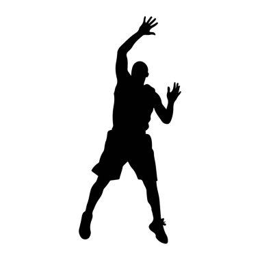 Atlarken havada yakalanan siyah bir erkek basketbolcunun silueti. Kollarını kaldırır, biri yukarı uzanır ve diğeri dirseğine eğilir. Şort ve spor ayakkabıları giyiyor. Bacakları sanki atlama sürecindeymiş gibi bükülmüş.