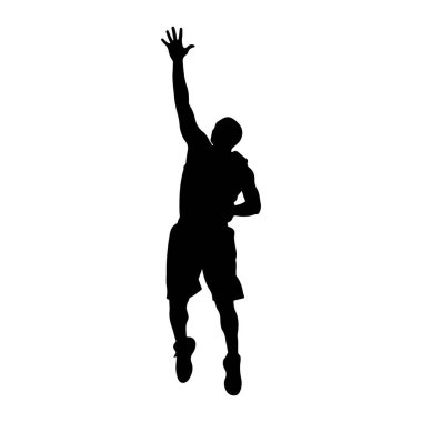 Beyaz arka planda siyah bir erkek basketbolcu silueti tasvir edilir. Oyuncu havada yakalanır, atlama sırasında ya da sağ kolu başının üstüne uzanmış şekilde yukarı uzanırken. Vücudu açılı.