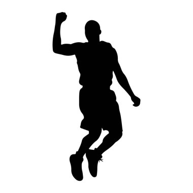 Bir erkek basketbolcunun siyah silueti havada yakalanıyor, atlıyor ya da atletik bir hareket yapıyor gibi görünüyor. Şekil, şeklini ve dinamik duruşunu vurgulayan düz beyaz bir arkaplana karşı tasvir edilir. Oyuncu şort ve atlet giyiyor.