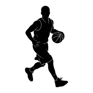 Beyaz arka planda siyah bir erkek basketbolcu silueti tasvir edilir. Oyuncu hareket halinde, top sürüyor. O bir forma ve şort giyiyor, ayaklarında spor ayakkabıları var. Sol eli basketbolun üstünde ve...