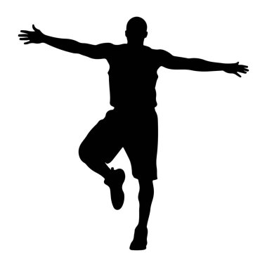 Siyah bir adam silueti kolları açık ve bir bacağı bükük durur. Sportif bir başarıdan sonra kutlama pozisyonunda gibi görünüyor. Siluet, düz beyaz bir arkaplana karşı katıdır..