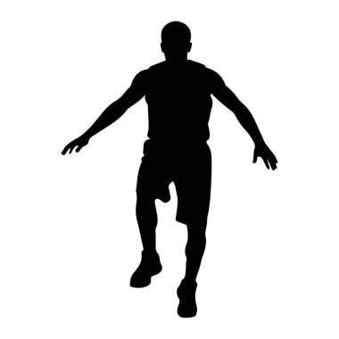 Beyaz arka planda siyah siluet bir adam tasvir edilir. Kolları açık ve bir bacağı havada hareket halinde olan figür, koşmak veya atlamak gibi atletik bir duruş veya hareketi işaret ediyor. Siluet çok sağlam.