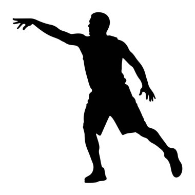 Hareket eden bir erkek figürünün siyah silueti, sağ kolu öne doğru uzanıyor ve parmakları sanki uzanıyor ya da atıyormuş gibi açılıyordu. Şort ve kolsuz tişört giyiyor ve vücudu açılı. Bu da dinamik bir hareket olduğunu gösteriyor. Şekil bir w üzerinde izole edilir.