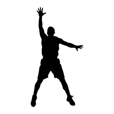 Siyah bir siluet havada bir insan, kolları açık ve bacakları açık. Şekil zıplıyor ya da dinamik bir duruşta hareket ve atletizm izlenimi veriyor. Siluet, düz beyaz bir arkaplanda izole edilmiş..