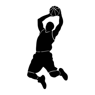 Siyah bir basketbol oyuncusunun silüeti havada, kafasının üstünde basket topunu tutuyor, smaç basmaya hazır. Oyuncu kolları ve bacakları bükük, kolları havada bir atlet ve şort giyiyor. Görüntü, beyaz bir arkaplan karşısında simsiyah.