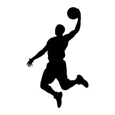 Havadaki erkek basketbolcunun silueti smaç basıyor. Oyuncu, sağ kolu açık bir basketbol topunu başının üstünde tutuyor. Vücutları açılıdır, bacakları büküktür ve kolları açılıdır.