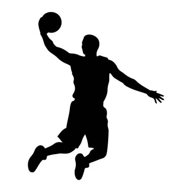 Havada smaç yapan siyah bir erkek basketbolcunun silüeti. Oyuncu dinamik bir pozda yakalanır, bir kolu yukarı doğru uzatılır ve diğer kolu denge için açılır. Bacaklar bükülmüş.