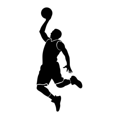Havada smaç yapan siyah bir basketbol oyuncusunun silüeti. Oyuncu bir forma ve şort giyiyor, bir kolu yukarı doğru uzatılmış ve basketbol topunu tutuyor. Duruş dinamiktir ve sporun hareketini yakalar. Arka plan plai.