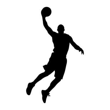 Siyah bir basketbol oyuncusu silueti havada, basketbol topunu başının üstünde tutuyor, smaç basıyormuş gibi görünüyor. Şekil beyaz bir arkaplanda izole edilmiştir..