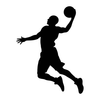 Havada smaç yapan siyah bir basketbol oyuncusunun silüeti. Oyuncu, topu görünmeyen bir çembere atmak için bir kolu havada yandan gösteriliyor. Oyuncunun vücudu açılıdır, bacakları açılıdır ve kolları açılıdır.