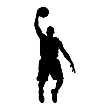 Havada smaç yapan siyah bir basketbol oyuncusunun silüeti. Oyuncu şort ve bir koluyla basketbol topunu potanın üstünde tutan bir forma giyiyor. Diğer kol aşağı doğru uzanıyor ve bacaklar mot gibi bükülüyor.