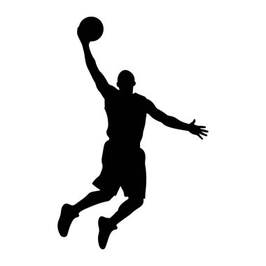 Havada smaç yapan siyah bir erkek basketbolcunun silüeti. Oyuncu şort ve forma giyiyor. Sağ kolu yukarı doğru uzanmış, bir basketbol topu tutarken, sol kolu yana doğru gerilmiştir. Bacakları bükülmüş. 