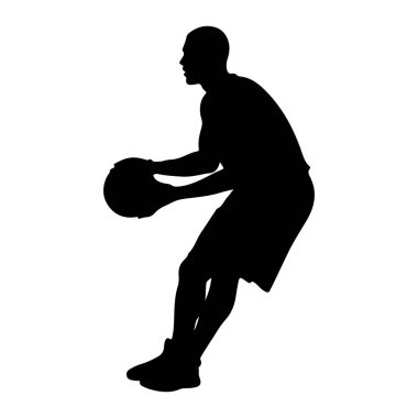 Beyaz arka planda siyah bir erkek basketbolcu silueti tasvir edilir. Oyuncu dinamik bir pozisyonda, iki eliyle bir basketbol topu tutuyor, top sürme ya da pas verme sürecinde gibi görünüyor. Siluet açıkça belli oluyor.
