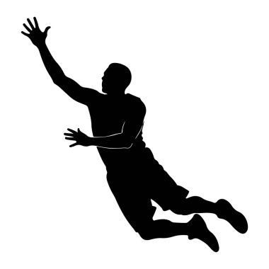 Bir erkek atletin siyah silueti havada tasvir edilir, sağ kolu yukarı doğru uzanır ve eli açıktır. Vücudu açılı, dinamik bir hareketi işaret ediyor, muhtemelen bir nesneyi yakalamak ya da fırlatmak için atlıyor. Şort giyiyor ve ortaya çıkıyor.