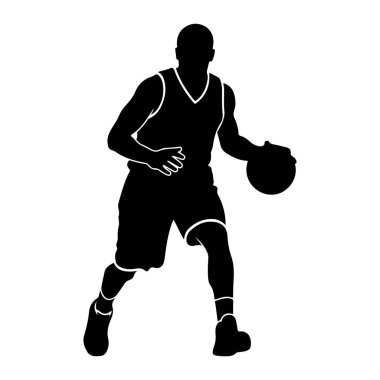 Basketbol oynayan bir erkek basketbolcunun silüeti. Oyuncu kolsuz bir forma ve şort giyiyor. Görüntü beyaz bir arkaplanda izole edilmiş ve katı bir kontrast oluşturuyor. Duruş çevikliği ve çevikliği gösteriyor.