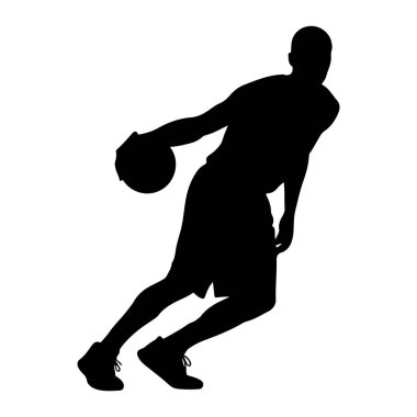 Basketbol oynayan bir erkek basketbolcunun silüeti. Şekil, dinamik duruşu ve sporun eylemini vurgulayan düz beyaz bir arkaplana karşı tasvir edilmiştir. Silüet açıkça oyuncunun atletik...
