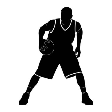 Bir basketbol oyuncusunun silueti hareket halinde, top sürüyor. Oyuncu, bir forma ve şort da dahil olmak üzere basketbol forması giyiyor ve düşük bir duruş içinde, maça odaklanmış gibi görünüyor. Resim beyaz bir arkaplanda izole edilmiştir.