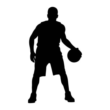 Beyaz arka planda siyah bir erkek basketbolcu silueti tasvir edilir. Oyuncu dinamik bir pozda gösteriliyor, sağ eliyle top sürüyor. Onlar atletik şort ve bacakları hafifçe bükülmüş bir tişört giyiyorlar. 