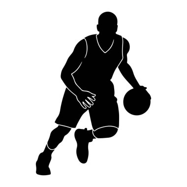 Basketbol oynayan bir erkek basketbolcunun silüeti. Bu figür kolsuz bir forma ve şort giyiyor ve beyaz süsleme ile elbisenin ana hatlarını çiziyor. Oyuncu, bir eli topta, diğer eli topta, top sürüşünün ortasında resmedilir.