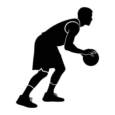 Siyahi bir basketbol oyuncusu silueti, top sürerken orta sahada. Oyuncu bir forma ve şort giyiyor, çorapları ve spor ayakkabıları var. Profilde resmedilen figür, odaklanmış bir ifadeyle, 