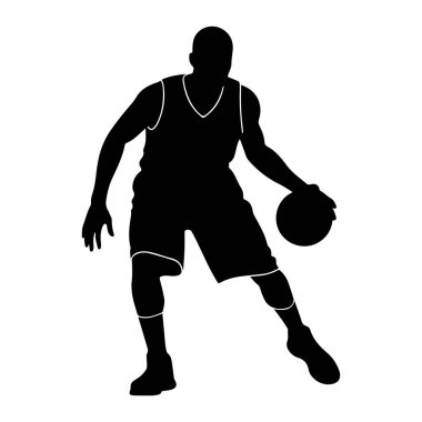 Basketbol oynayan bir erkek basketbolcunun silüeti. Oyuncu bir forma ve şort giyiyor, üzerinde beyaz süsleme var. Şekil, dinamik duruşları vurgulayan düz beyaz bir arkaplan üzerinde tasvir edilir