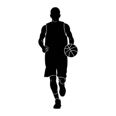 Beyaz arka planda siyah bir erkek basketbolcu silueti tasvir edilir. Oyuncu, ileri koşarken sağ eliyle top sürerken hareket halinde gösteriliyor. O bir basketbol üniforması giyiyor bir forma ve kısa