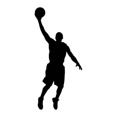 Bir basketbol oyuncusunun siyah silueti havada, basket topunu batırmak için uzanıyor. Oyuncu şort giyiyor ve beyaz bir arka plana karşı güçlü bir atletik hareketin ortasında gibi görünüyor..
