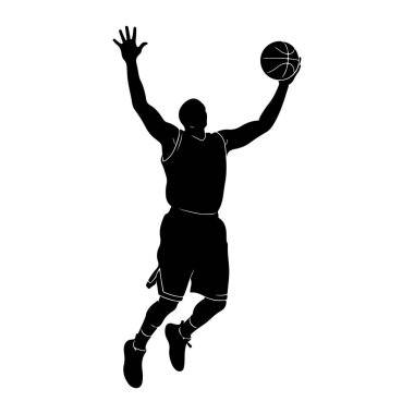 Havada bir basketbol oyuncusunun silueti, kafalarının üstünde bir basketbol topu tutuyor. Oyuncu kolları yukarı doğru açılmış bir forma ve şort giyiyor. Görüntü, dinamik duruşu ve atletik hareketi vurguluyor..